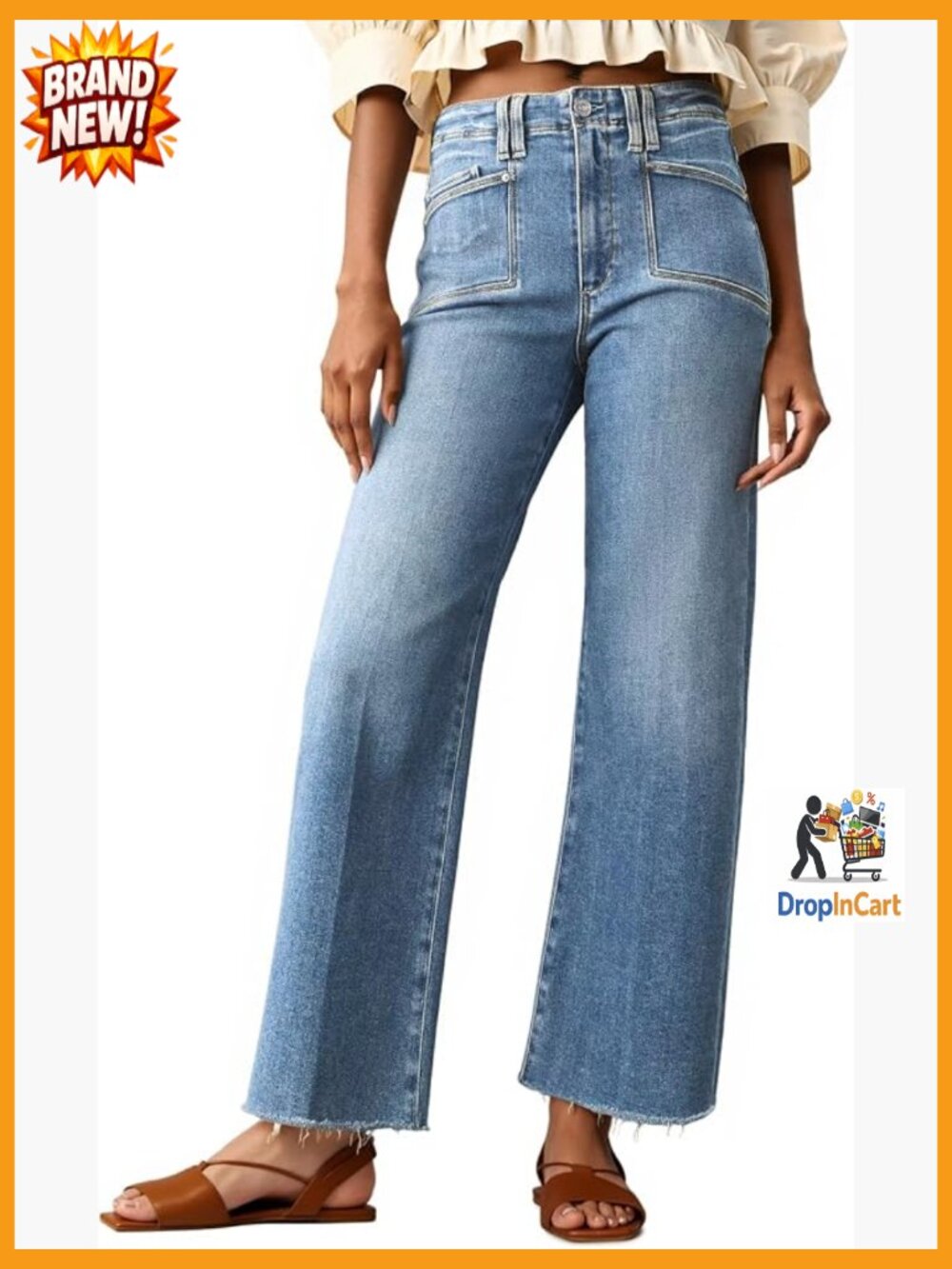 High Waisted Cropped Baggy Straight Leg Raw Hem Stretchy Denim Jeans Y2K